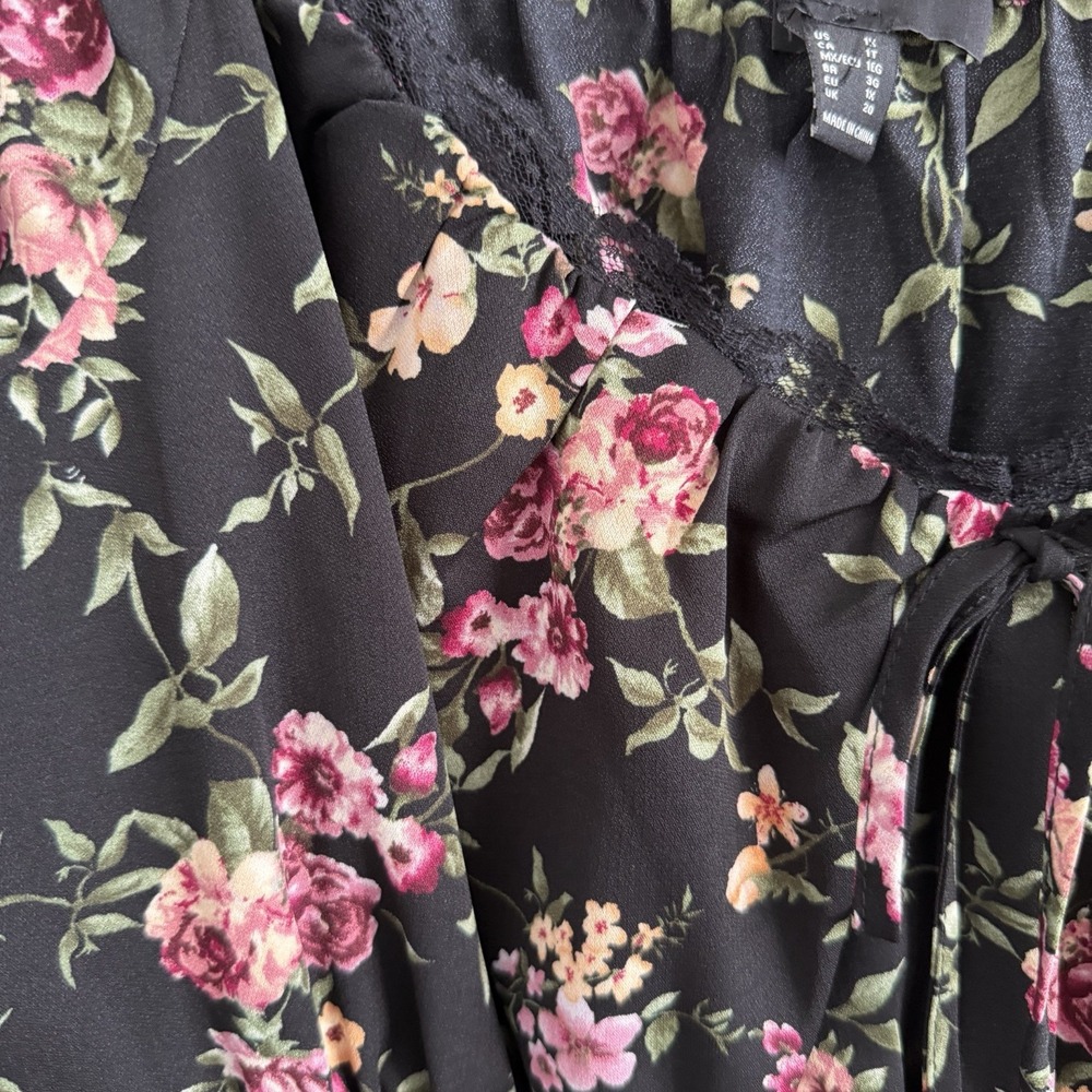 1X XL Floral Boho Off the Shoulder Top Blouse Puff Sleeve Peasant Lace Trim - Picture 4 of 15
